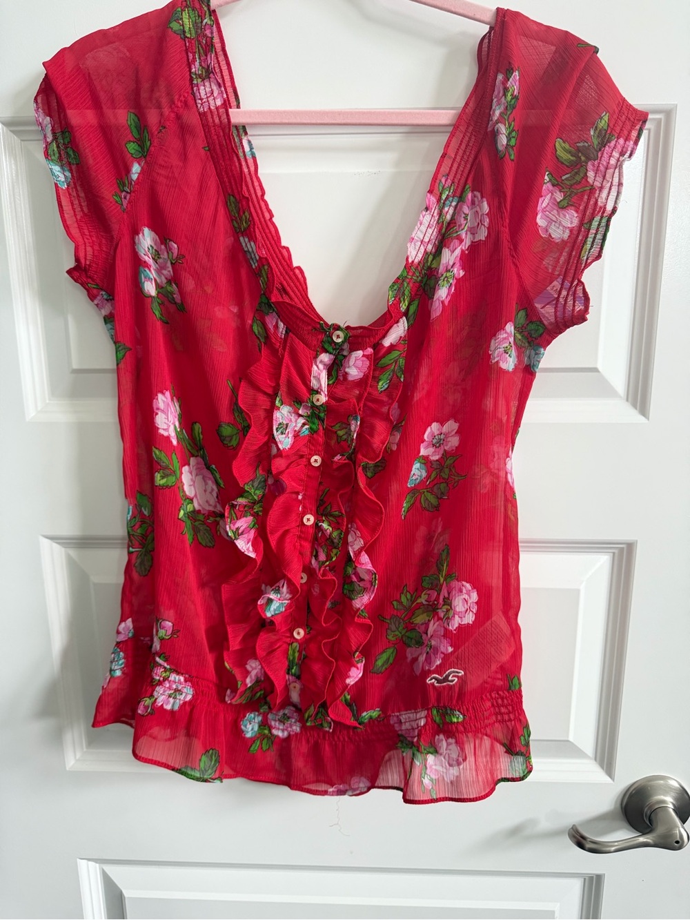Hollister Red Floral Ruffle Button-Front Women's Sheer Blouse Sz L